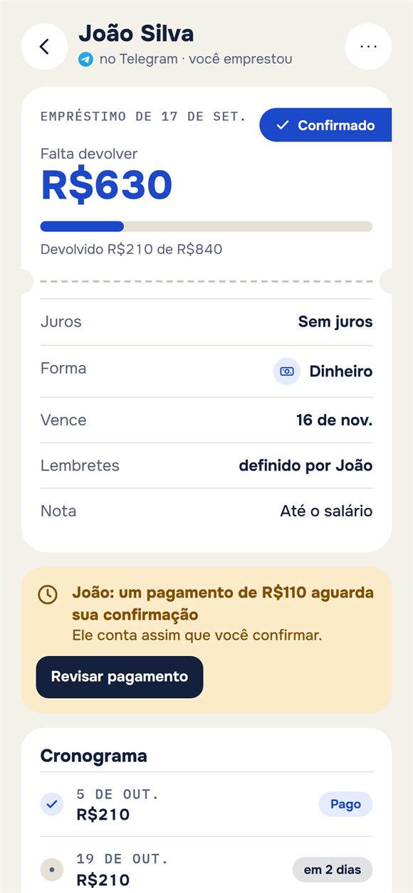 Um empréstimo: quanto falta devolver e um pagamento aguardando confirmação