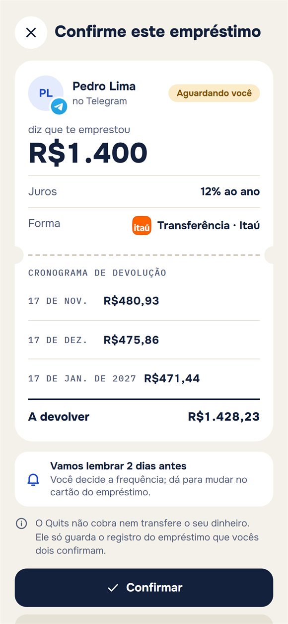 Pedido de confirmação de empréstimo com plano de devolução