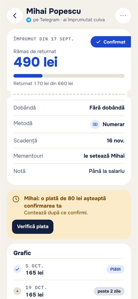 Un împrumut: cât mai e de returnat și o plată care așteaptă confirmarea