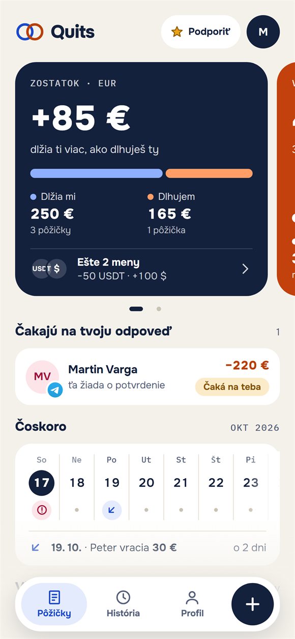 Hlavná obrazovka: zostatok, kto komu dlhuje a najbližšie splátky