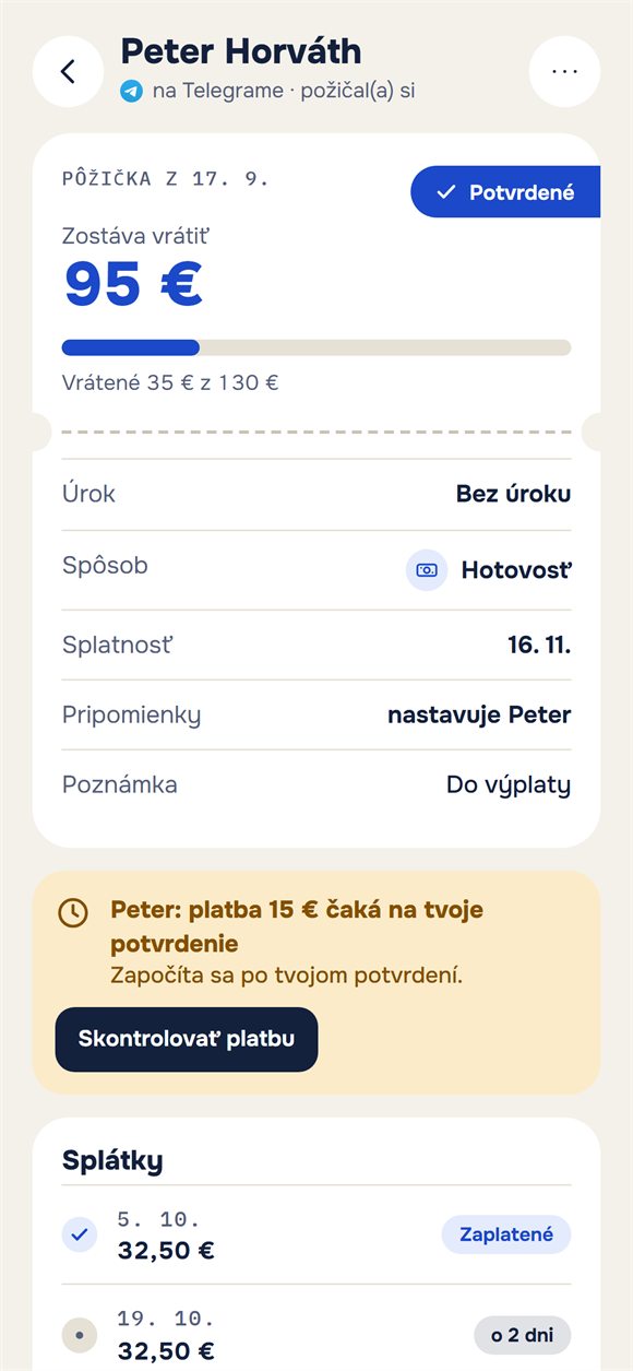 Pôžička: koľko zostáva vrátiť a platba čakajúca na potvrdenie