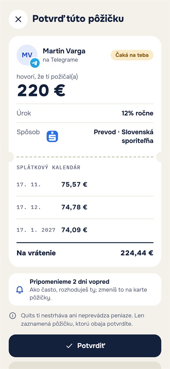Žiadosť o potvrdenie pôžičky so splátkovým kalendárom