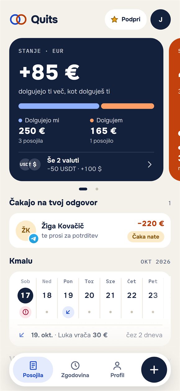 Začetni zaslon: stanje, kdo komu dolguje in bližnja vračila