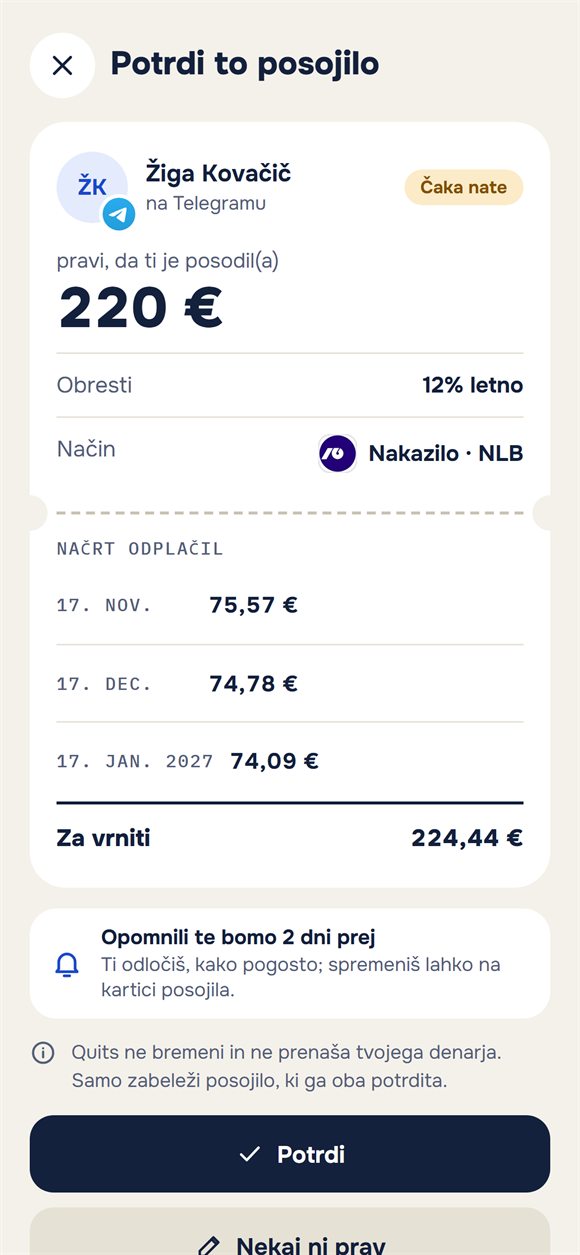 Prošnja za potrditev posojila z načrtom vračila