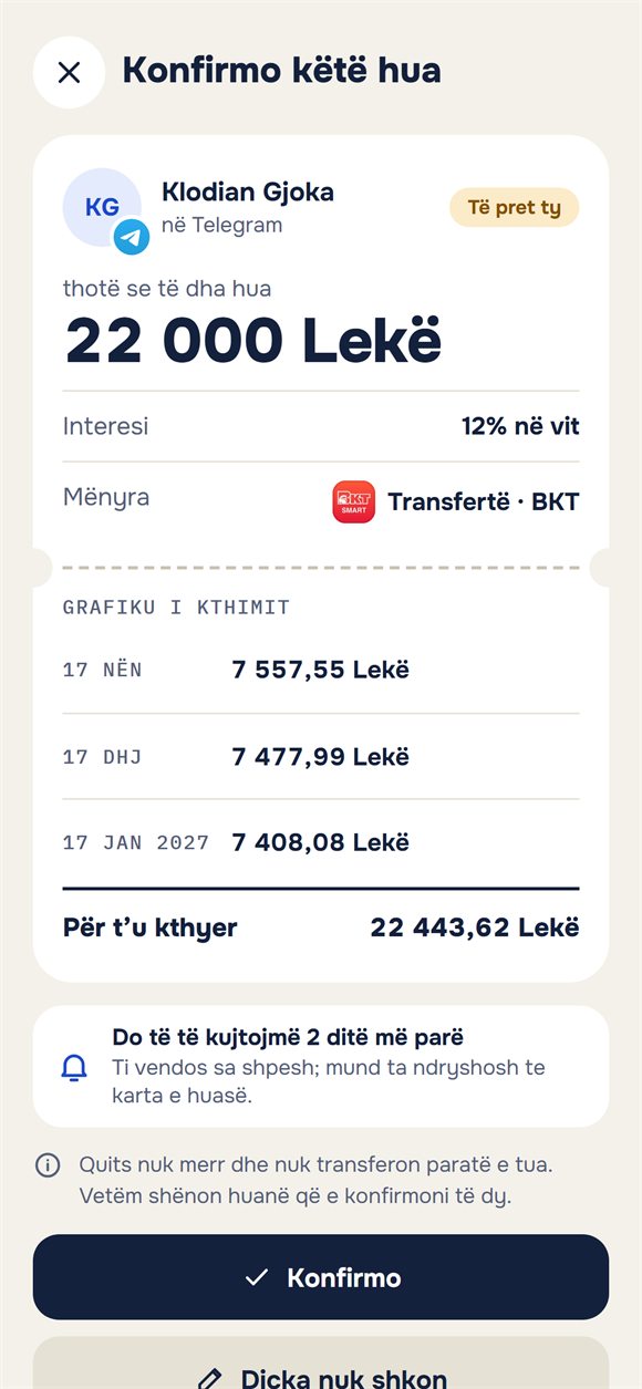 Kërkesë për konfirmimin e një huaje me plan kthimi