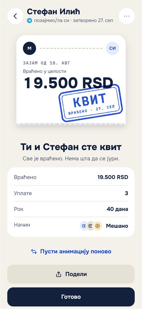 Затворени зајам: карта са печатом „Квит“