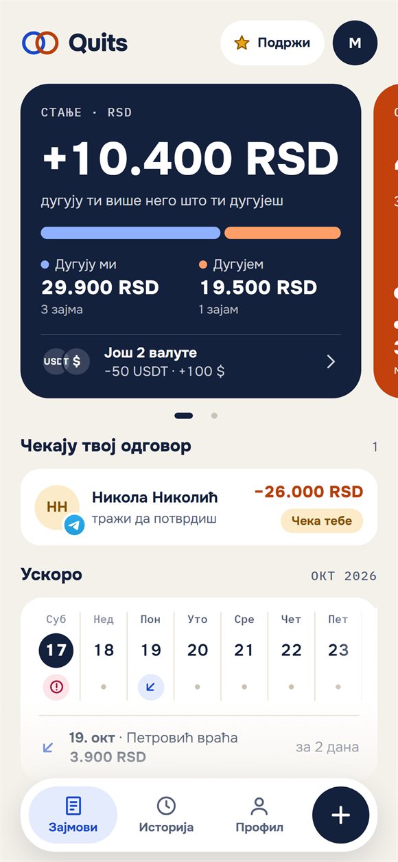 Почетни екран: салдо, ко коме дугује и наредна враћања