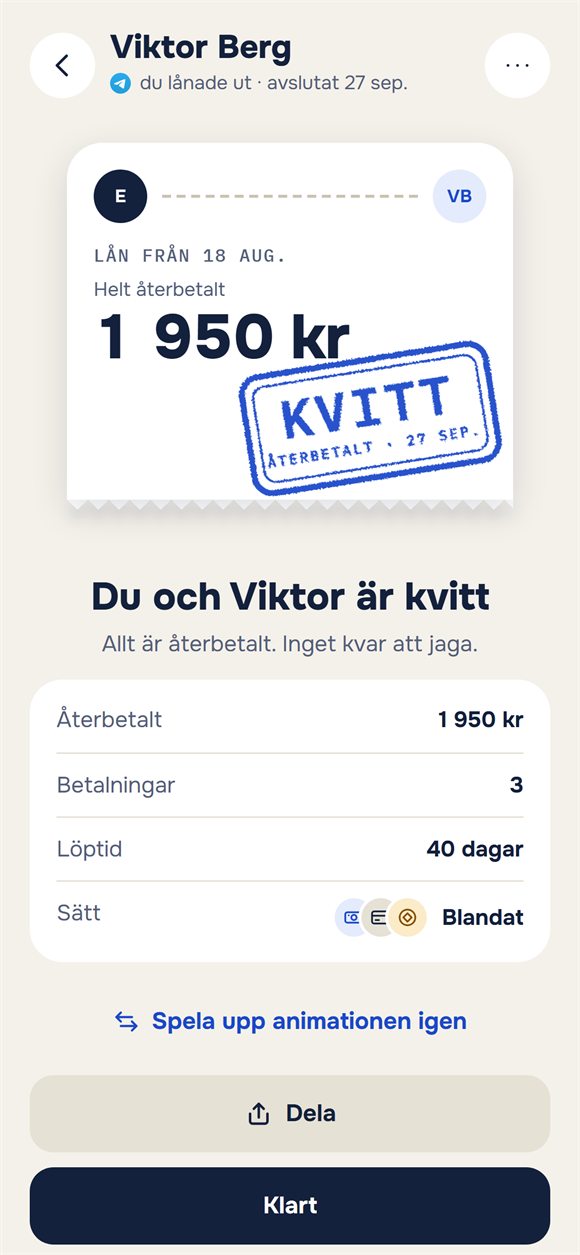 Stängt lån: en biljett med stämpeln ”Kvitt”