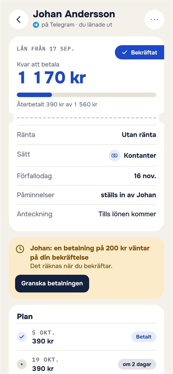 Ett lån: vad som återstår och en betalning som väntar på bekräftelse