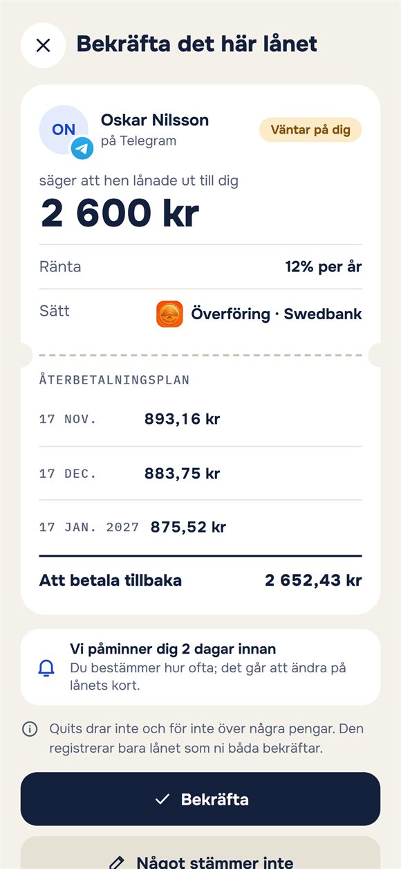 Bekräftelseförfrågan för ett lån med återbetalningsplan