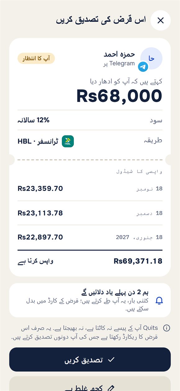 واپسی کے شیڈول کے ساتھ قرض کی تصدیق کی درخواست