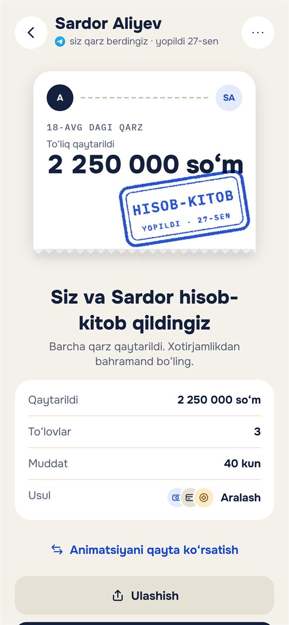Qarz yopildi: «Hisob-kitob» muhrli chipta