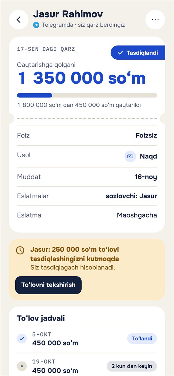 Qarz: qancha qolgani va tasdiqni kutayotgan toʻlov