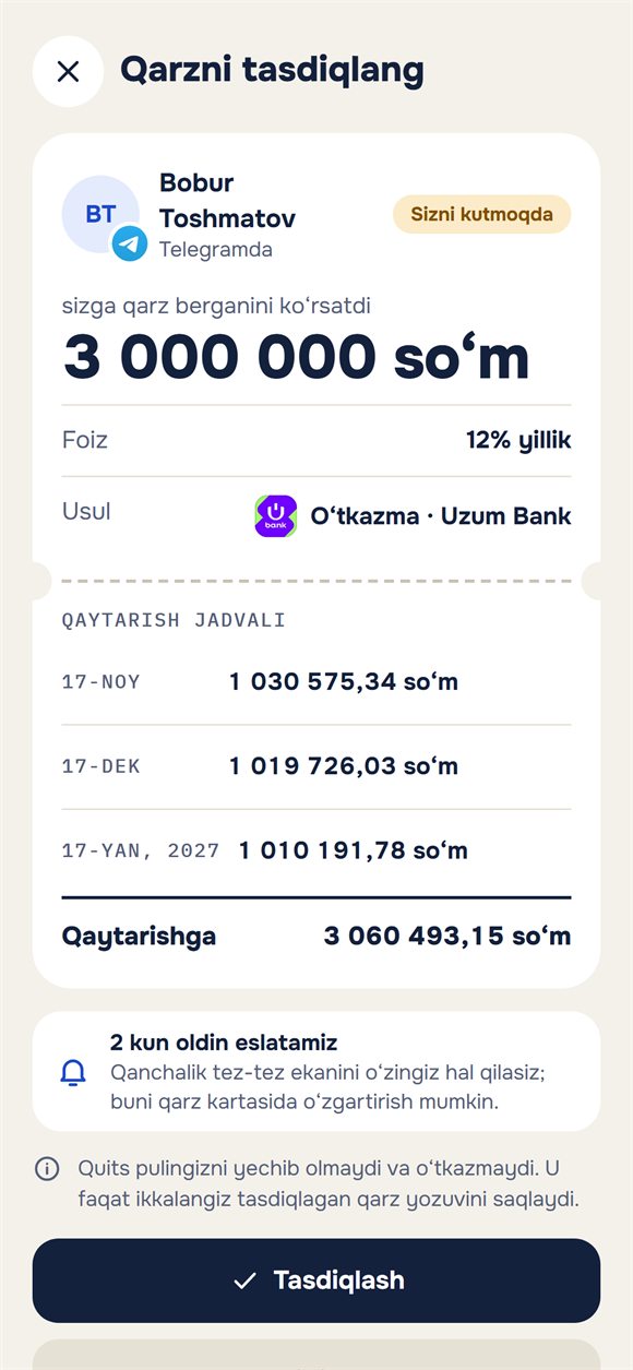 Qaytarish jadvali bilan qarzni tasdiqlash soʻrovi