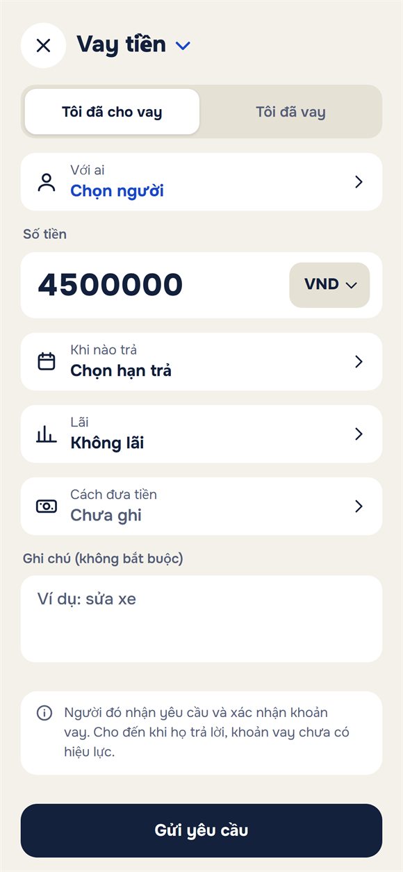Tạo khoản vay: số tiền, hạn, lãi và ghi chú