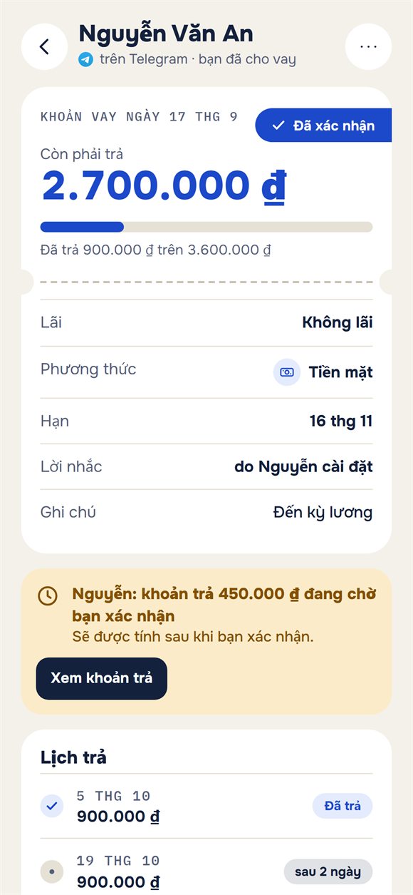 Một khoản vay: số còn lại và lần trả đang chờ xác nhận